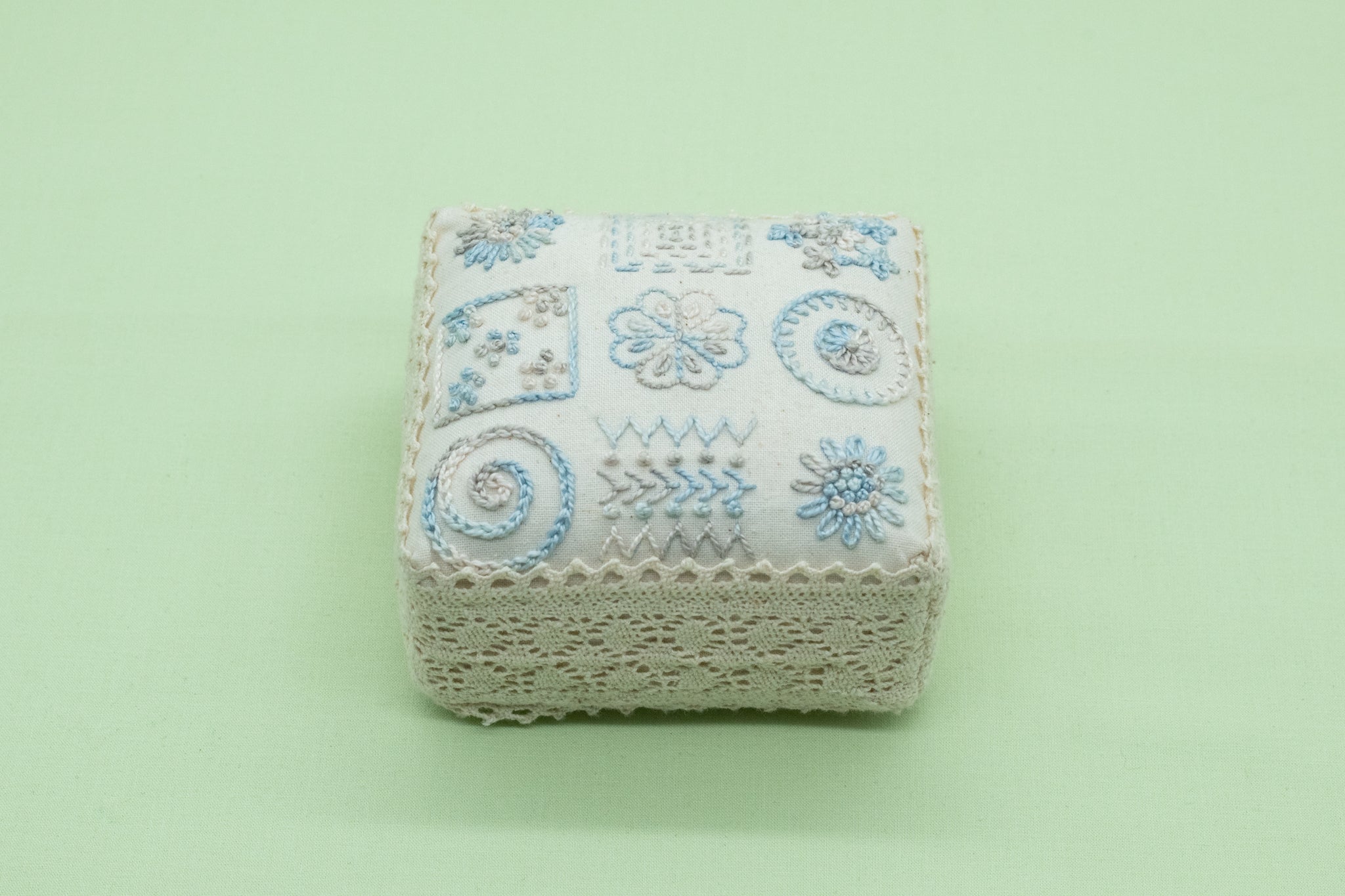 Sampler Pincushion - Soft Blue Cream