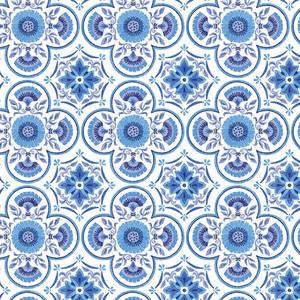 Benartex - Medallion Tiles - White/Blue (Capri)